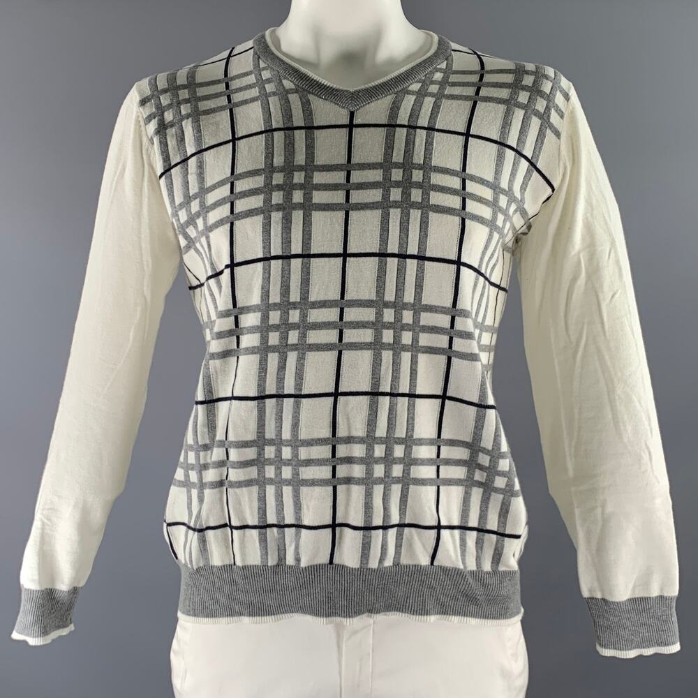 PRIVATE STOCK Size L White Grey & Black Plaid Cotton V-Neck Pullover